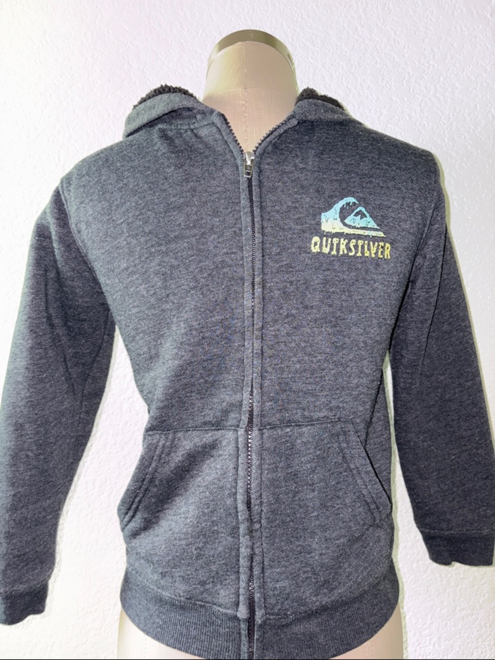 Boys Quiksilver Charcoal Zip Hoodie with Blue and Yellow Logo